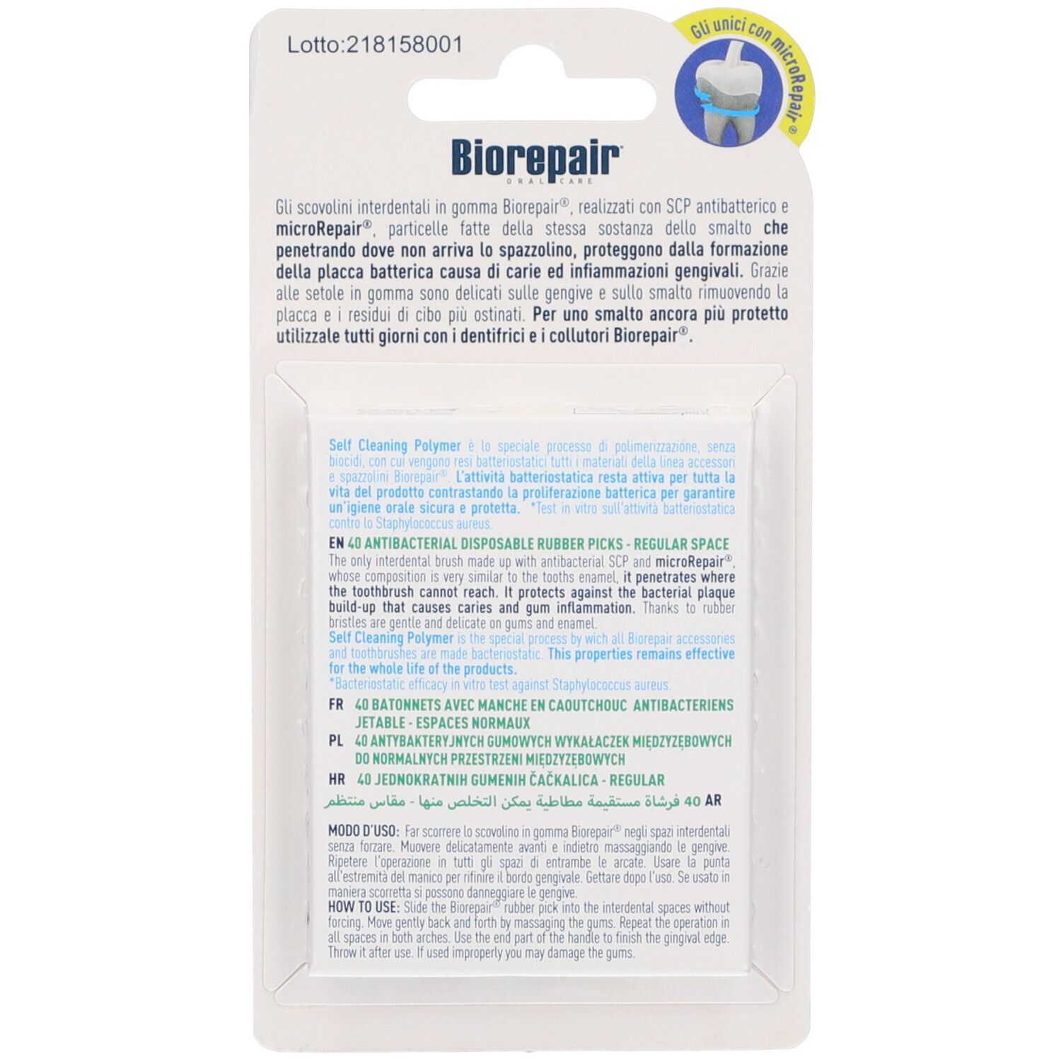 Rückseite der Verpackung Biorepair® Scovolini Antibatterici. Text in Italienisch, Englisch, Französisch, Polnisch und Arabisch.