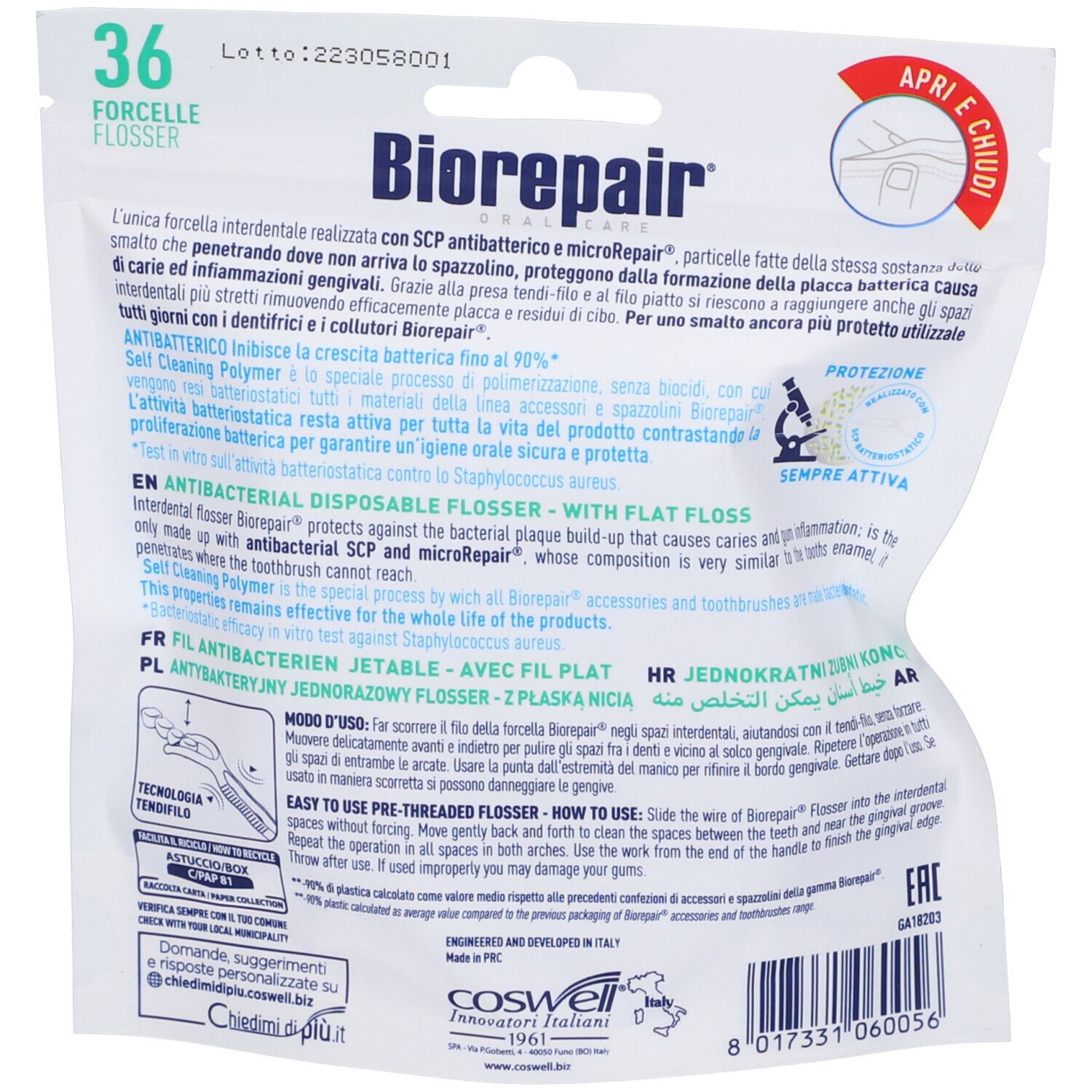 Rückseite der Verpackung mit Text und Illustrationen. Marke Biorepair, Text: Antibakteriell.