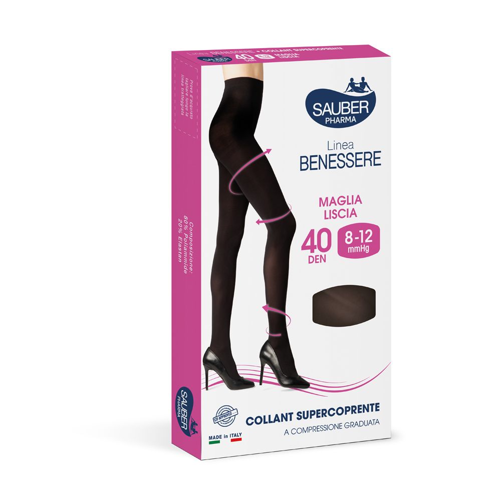 Collant nero in confezione. Marca Sauber Pharma, linea Benessere. 40 DEN, 8-12 mmHg. Super coprente, compressione.