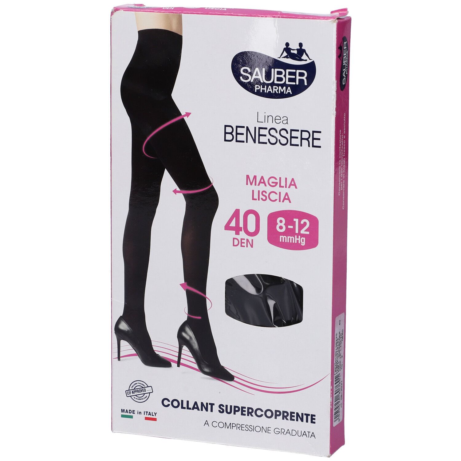 Confezione di collant neri. Marca Sauber Pharma, linea Benessere. 40 DEN, 8-12 mmHg. Super coprente, compressione.