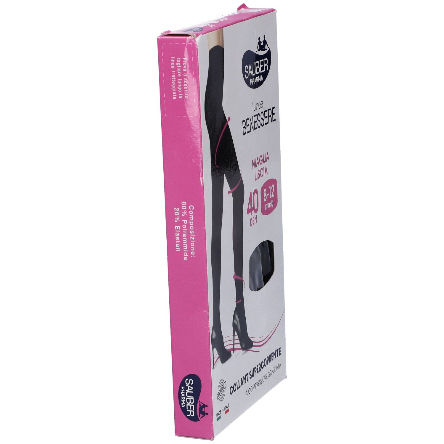 Confezione di collant neri. Marca Sauber Pharma, linea Benessere. 40 DEN, 8-12 mmHg. Super coprente, compressione.