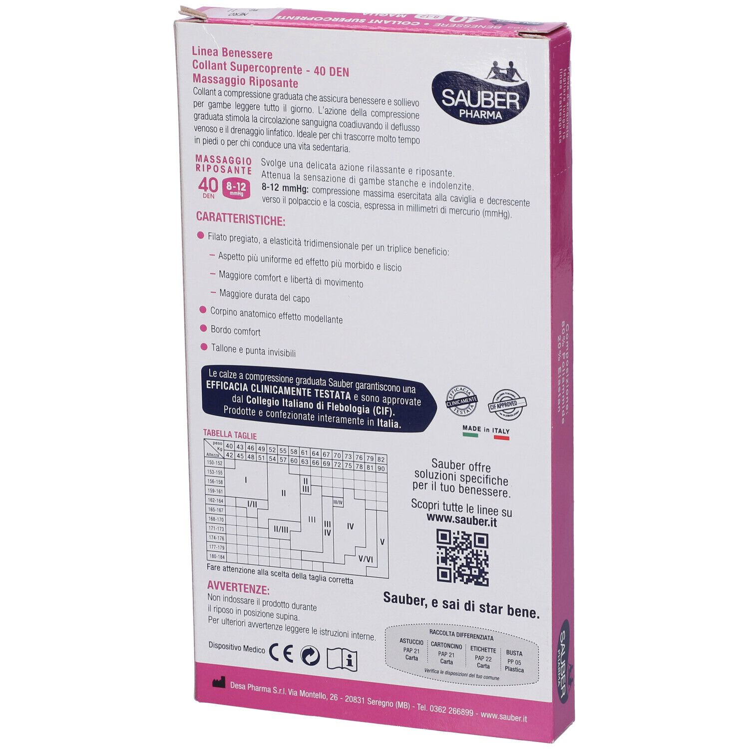 Retro della confezione. Marca Sauber Pharma, linea Benessere. Informazioni su compressione, caratteristiche e tabella.