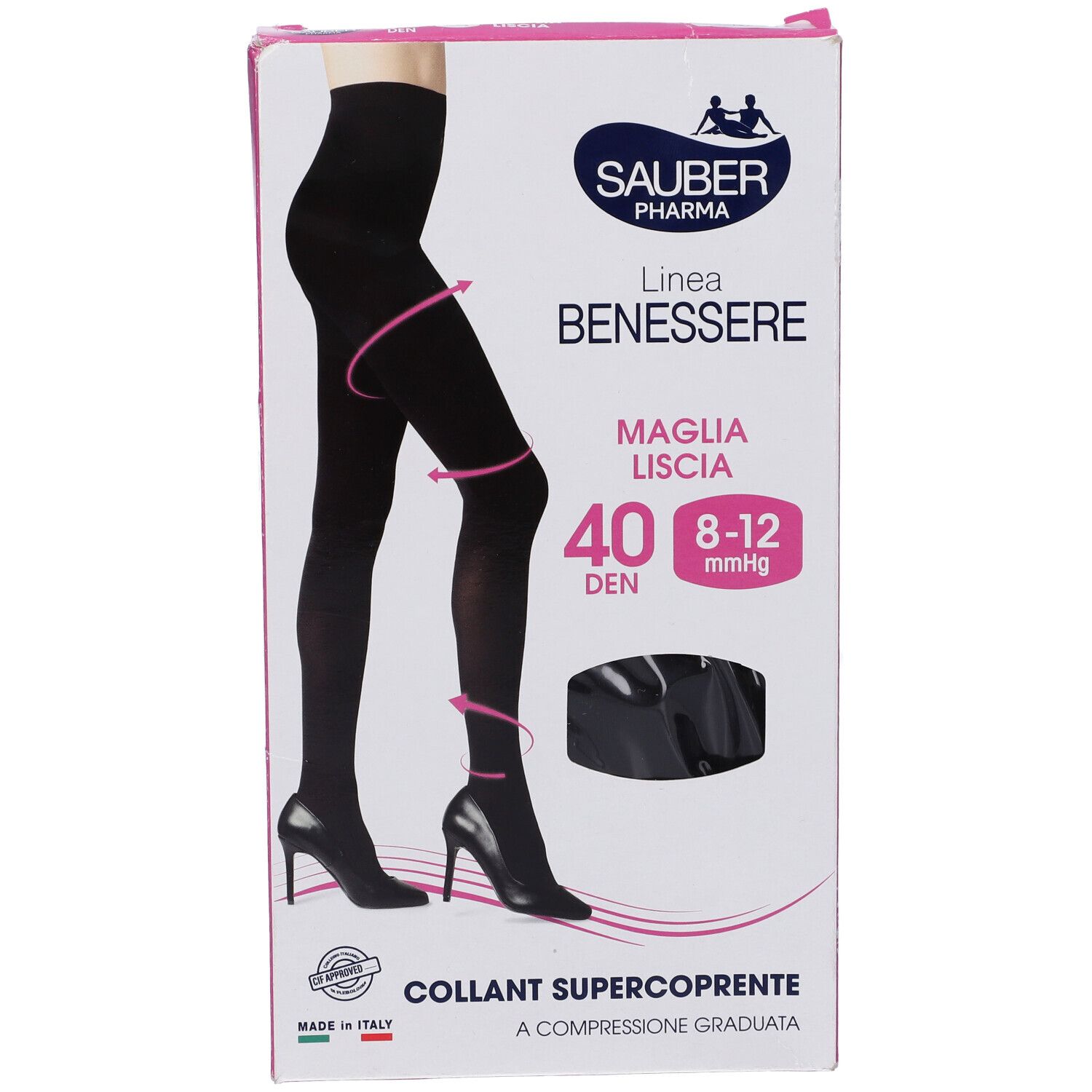 Collant nero in confezione. Marca Sauber Pharma, linea Benessere. 40 DEN, 8-12 mmHg. Super coprente, compressione.