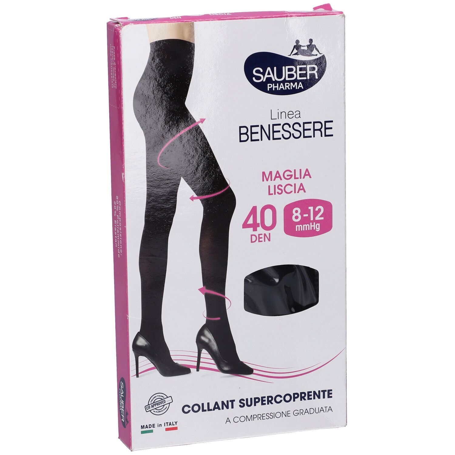 Collant nero in confezione. Marca Sauber Pharma, linea Benessere. 40 DEN, 8-12 mmHg. Super coprente, compressione.