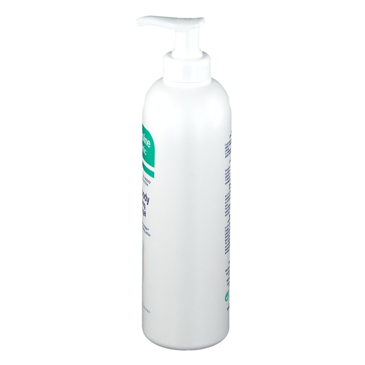 Flacone bianco con dosatore, vista laterale. Scritta illeggibile.