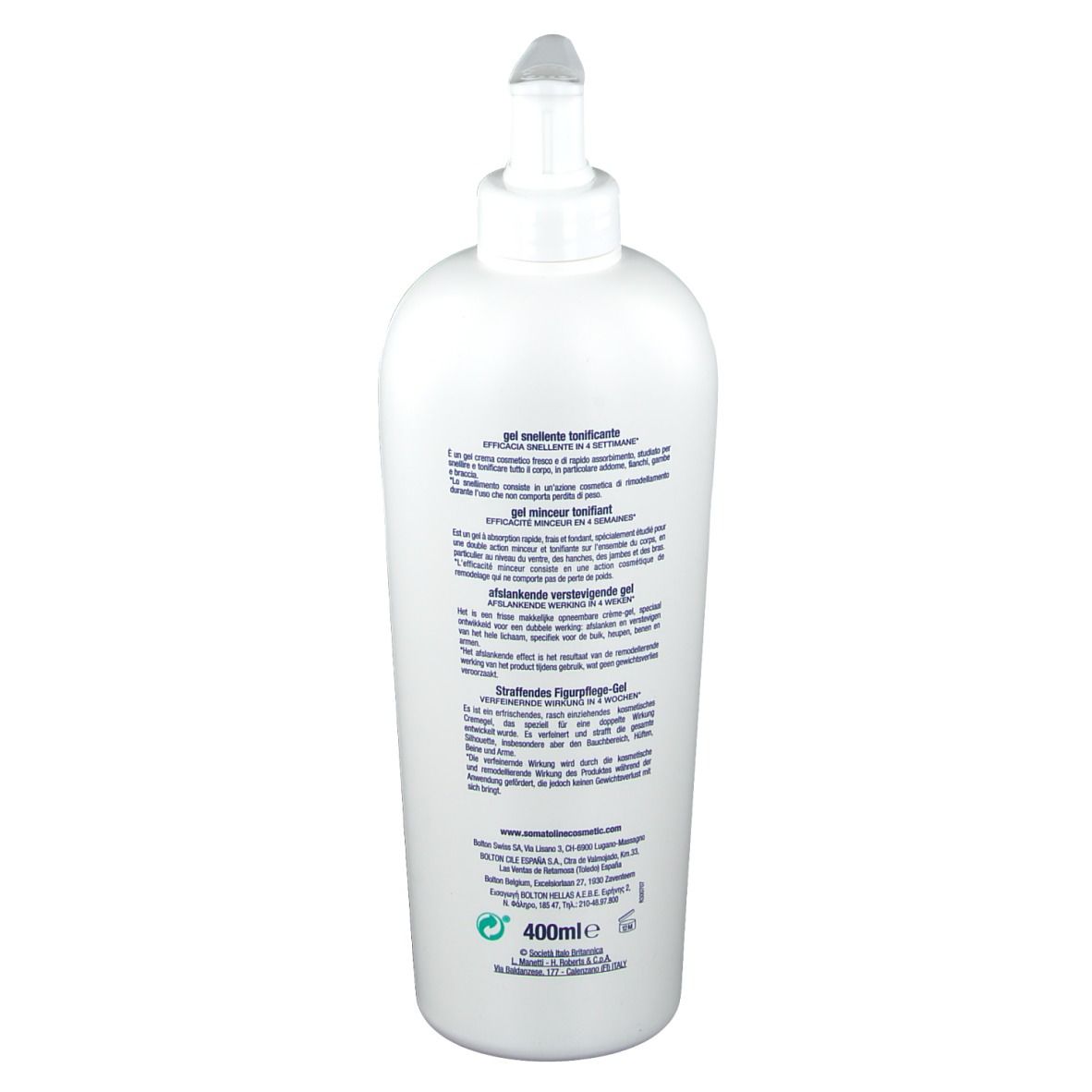 Retro di un flacone bianco. Testo multilingue. Scritta: Gel Snellente Tonificante.