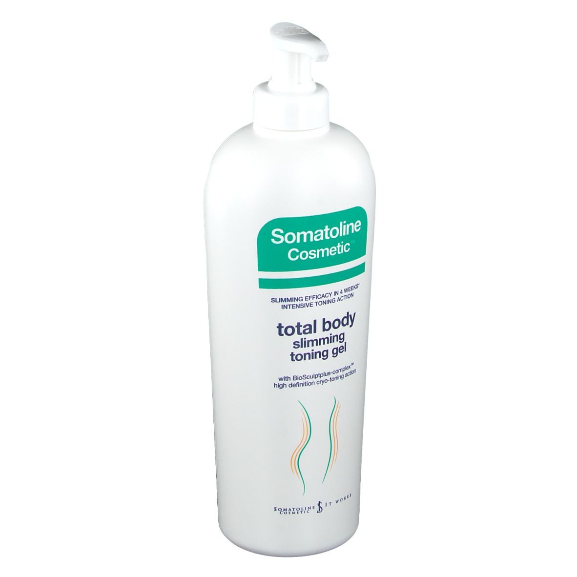 Flacone bianco con etichetta verde. Scritta: Somatoline Cosmetic, Total Body Gel. Con dosatore.