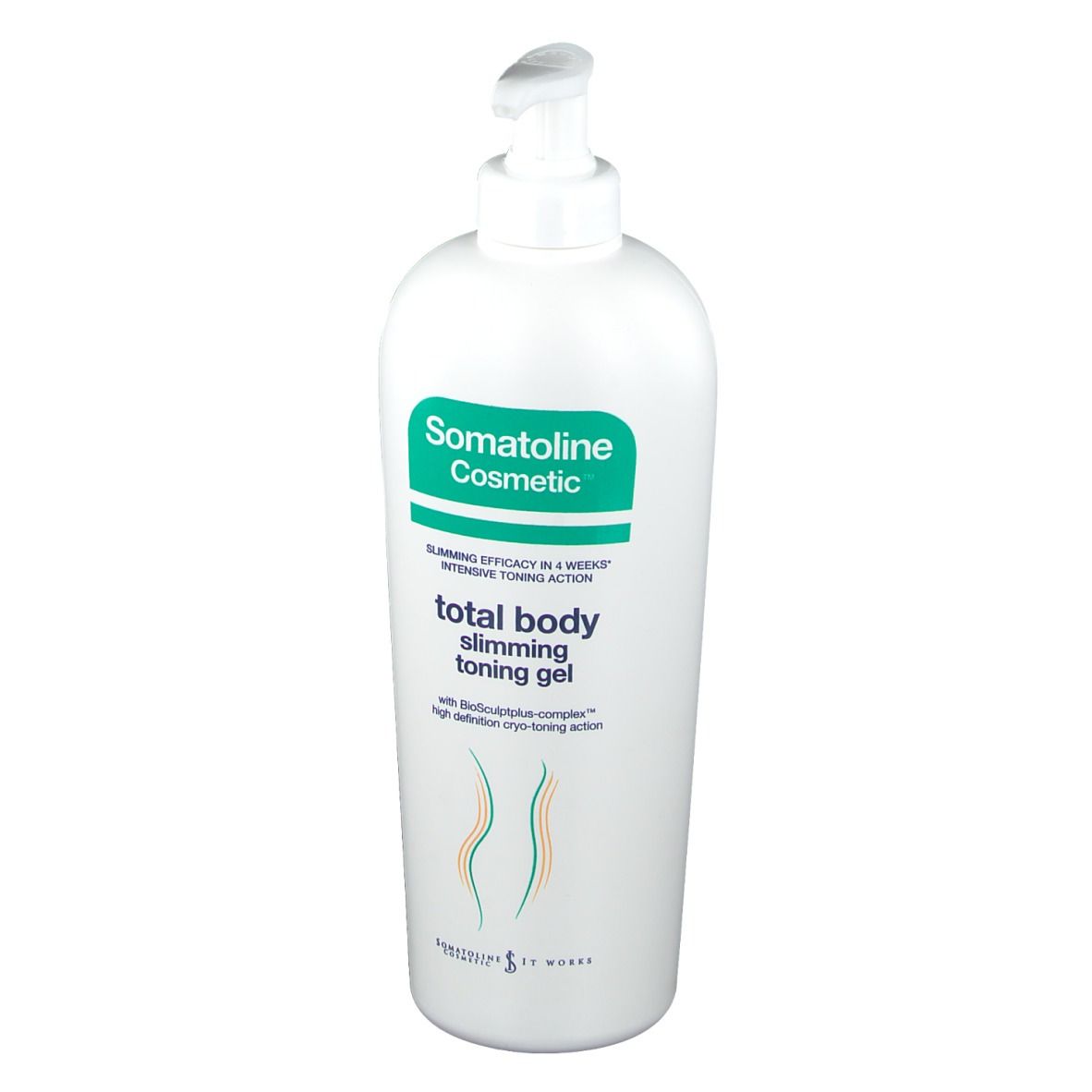 Flacone bianco con etichetta verde. Scritta: Somatoline Cosmetic, Total Body Gel. Con dosatore.