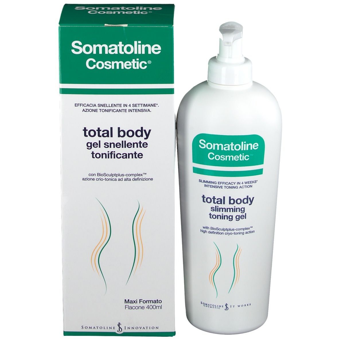 Confezione e flacone. Scritta: Somatoline Cosmetic, Total Body Gel. Maxi Formato.
