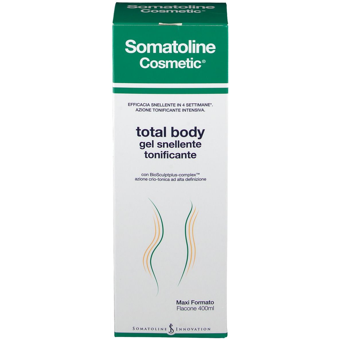 Confezione del prodotto. Scritta: Somatoline Cosmetic, Total Body Gel. Maxi Formato. Flacone 400ml.
