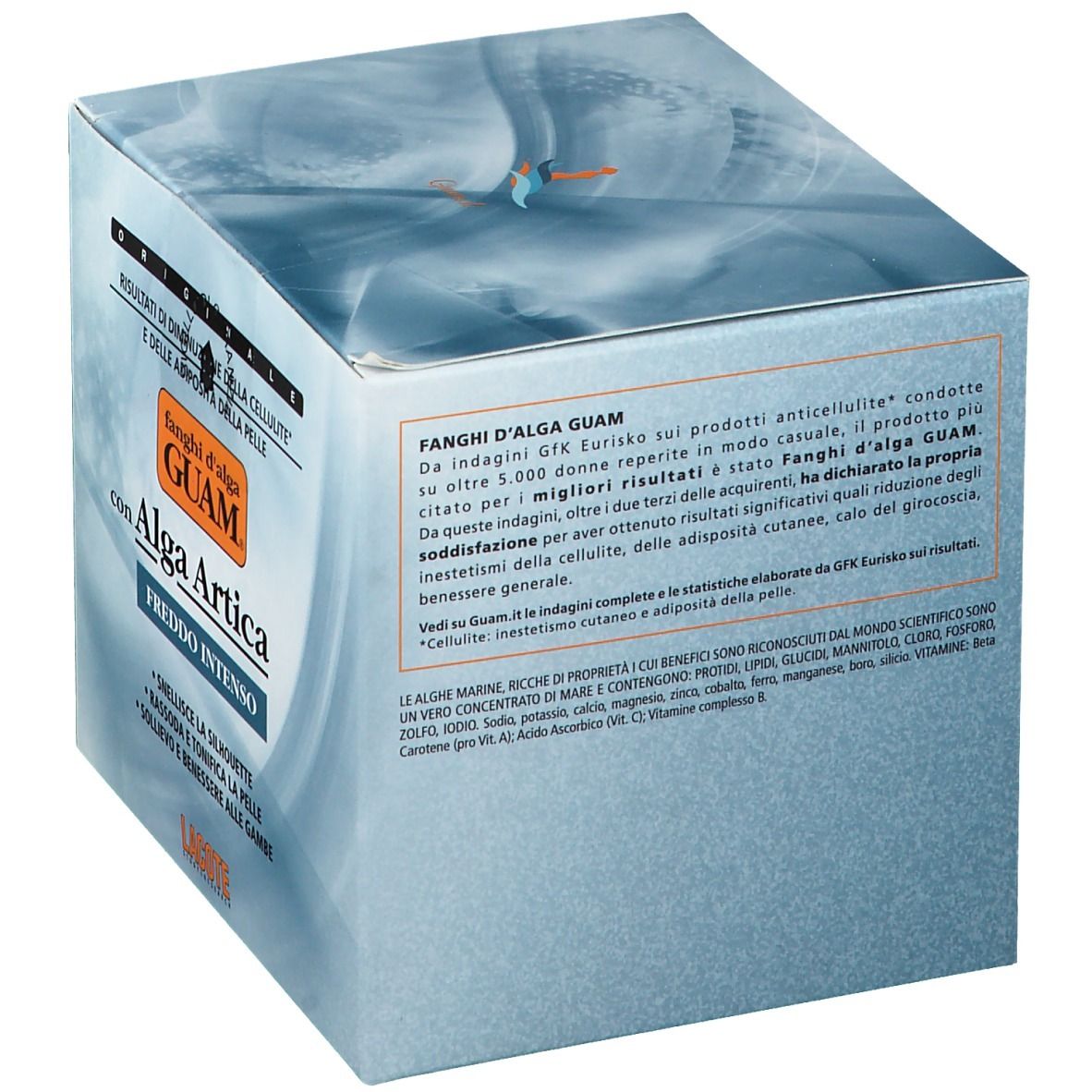 Scatola quadrata di GUAM® Alga Artica. Confezione blu con nome del prodotto e testo. Forma angolare.