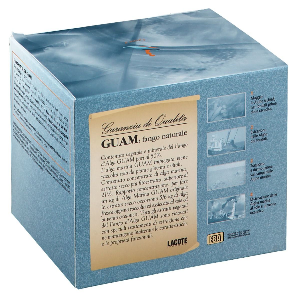 Scatola quadrata di GUAM® Alga Artica. Confezione blu con nome del prodotto e testo. Forma angolare.