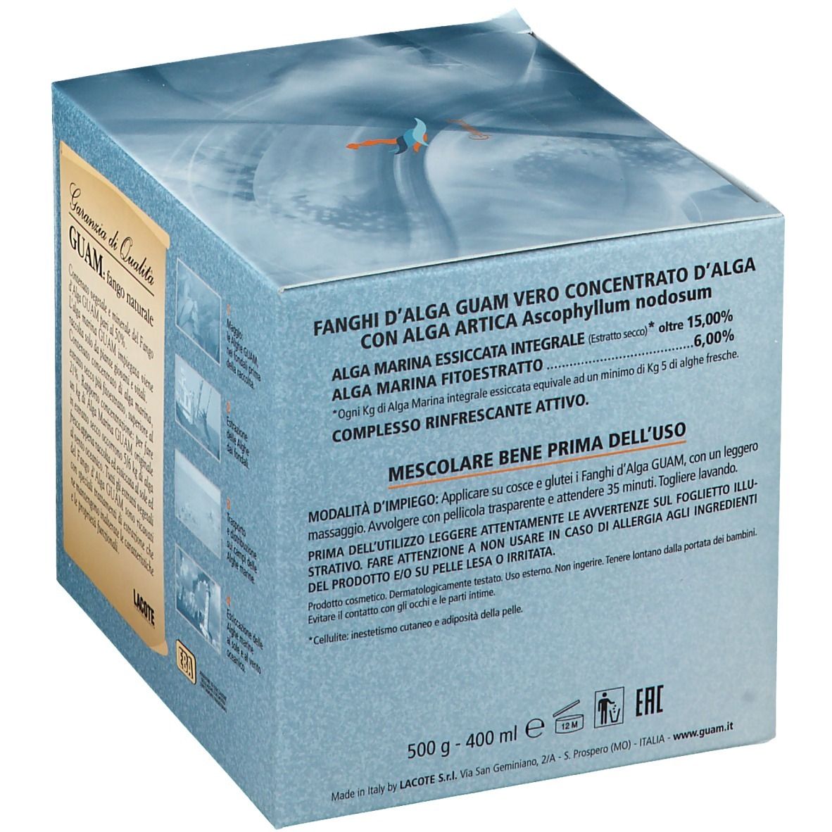 Scatola quadrata di GUAM® Alga Artica. Confezione blu con nome del prodotto e testo. Forma angolare.