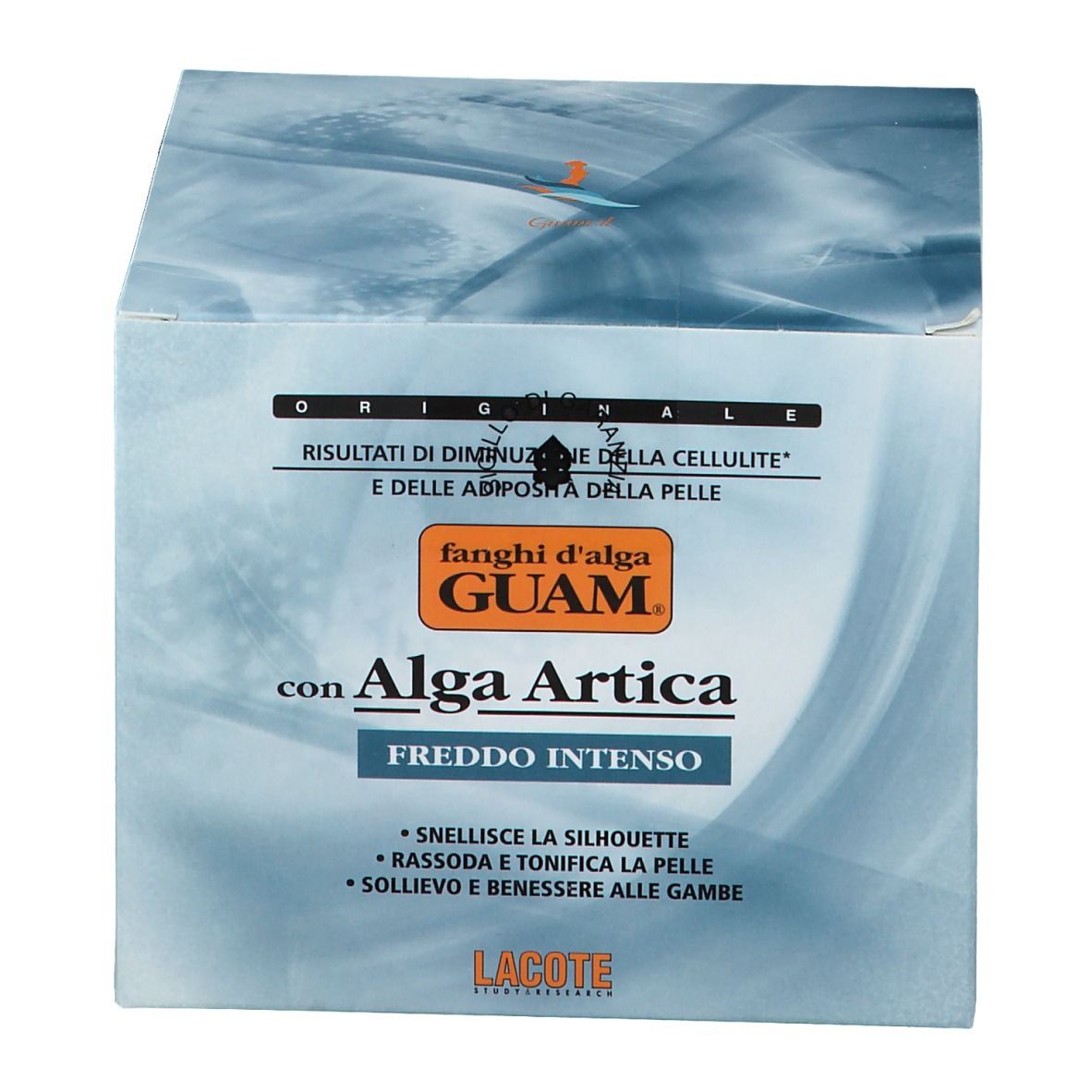 Scatola quadrata di GUAM® Alga Artica. Confezione blu con nome del prodotto e testo. Forma angolare.