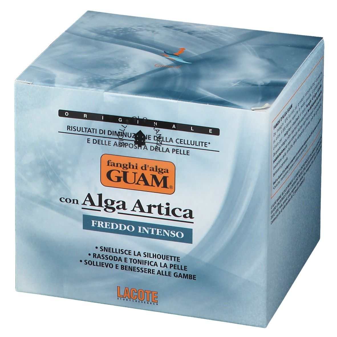 Scatola quadrata di GUAM® Alga Artica. Confezione blu con nome del prodotto e testo. Forma angolare.