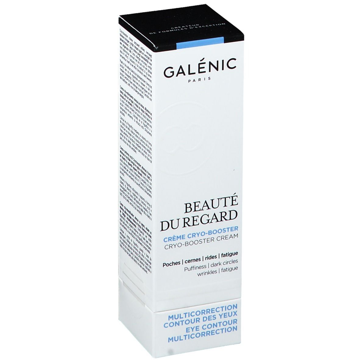 Boîte GALÉNIC Beauté du Regard. Texte et logo blancs sur fond blanc. Couvercle noir. Accents bleus.