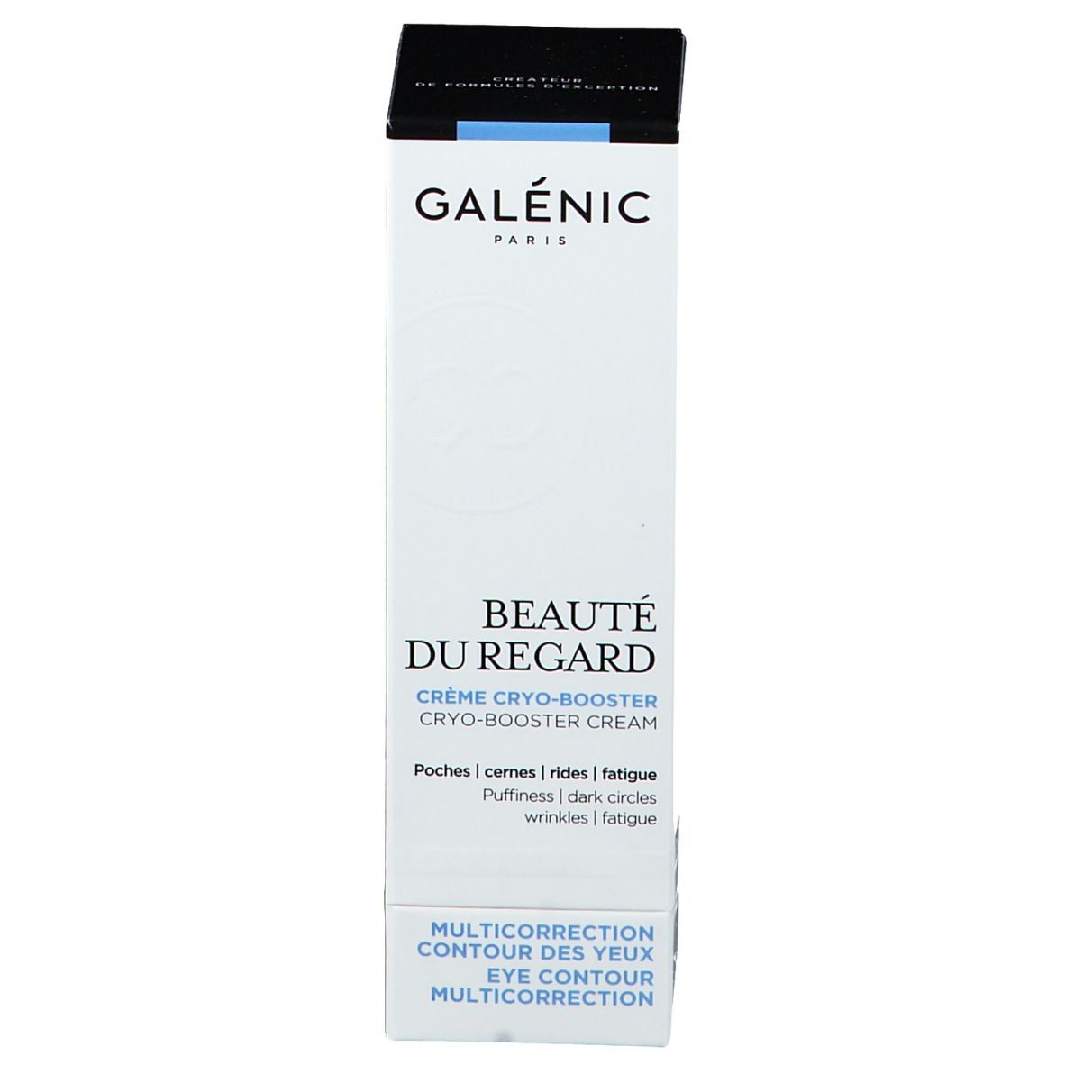 Boîte GALÉNIC Beauté du Regard. Texte et logo blancs sur fond blanc. Couvercle noir. Accents bleus.
