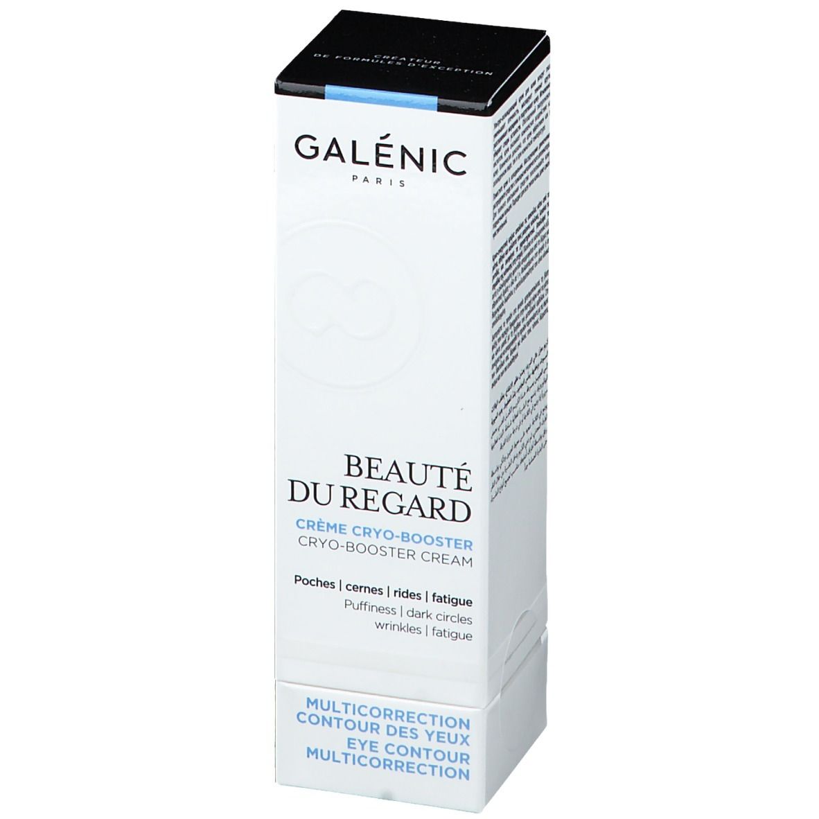 Boîte GALÉNIC Beauté du Regard. Texte et logo blancs sur fond blanc. Couvercle noir. Accents bleus.