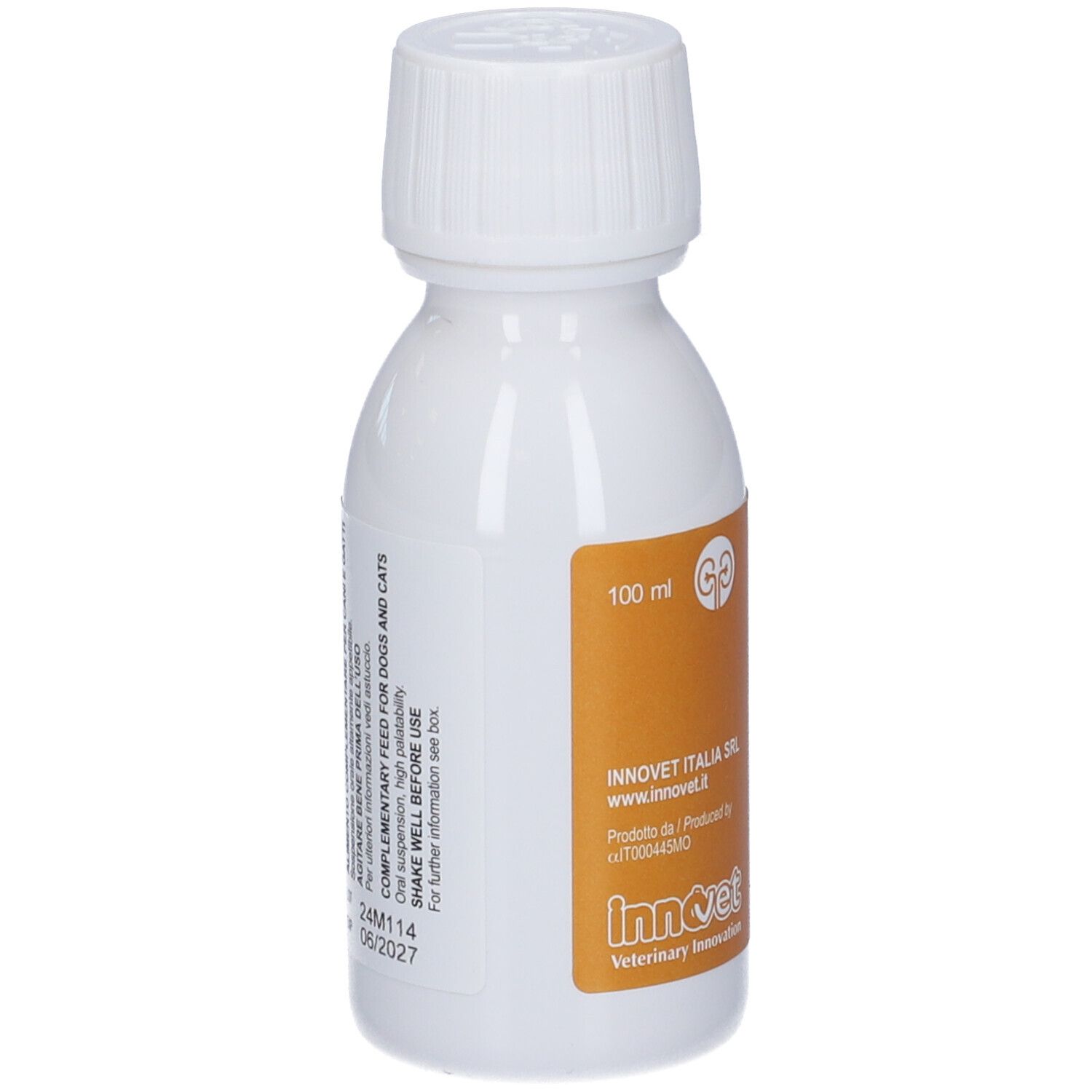 Weiße Flasche mit 100ml INNOVEt Nefrys oraler Suspension für Hunde und Katzen.