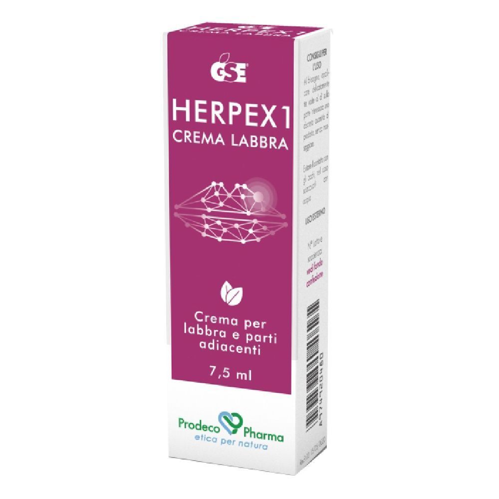 GSE Herpex 1 Crema Labbra, 7,5 ml. Scatola rosa e bianca con informazioni e logo.