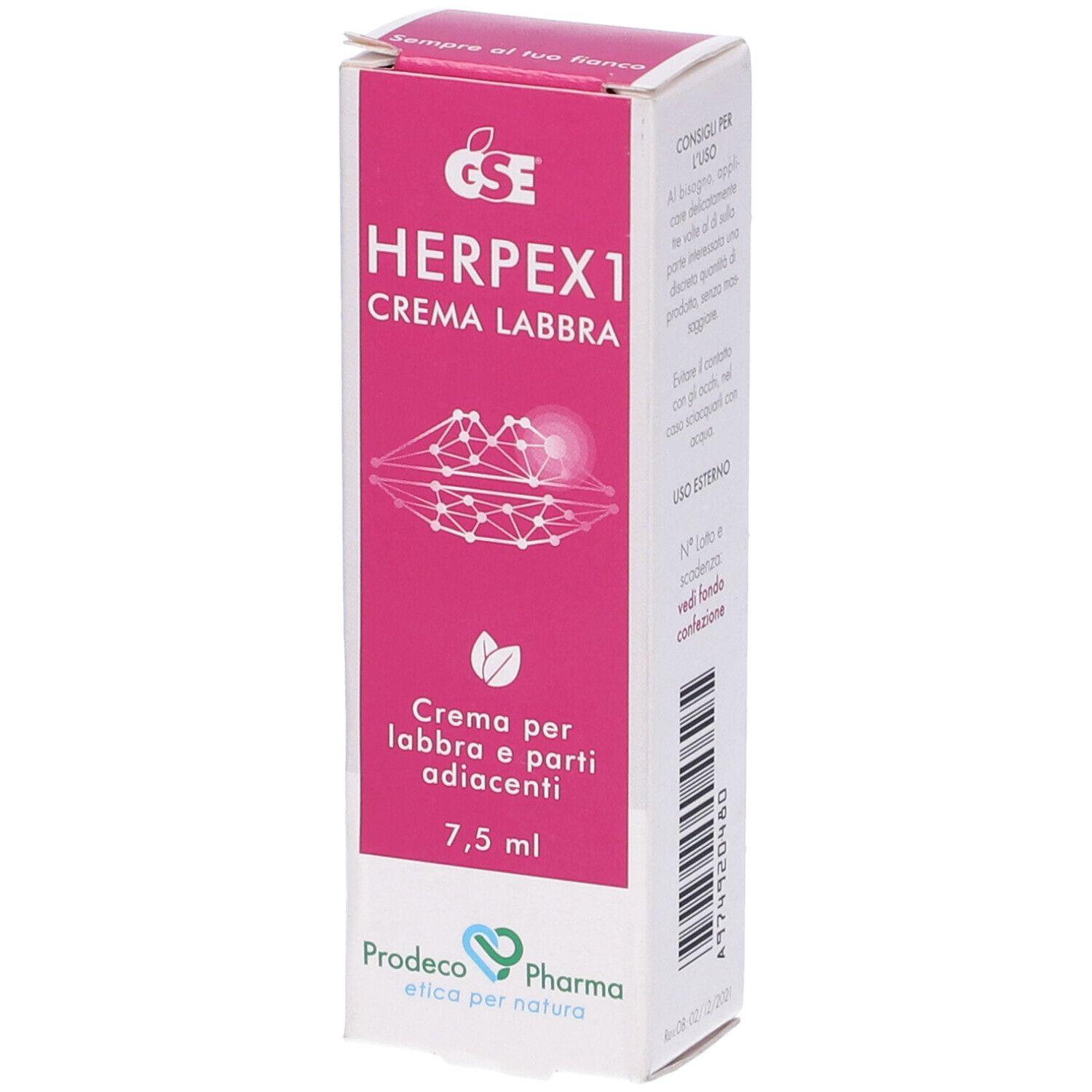 GSE Herpex 1 Crema Labbra, 7,5 ml. Scatola rosa e bianca con informazioni e logo.