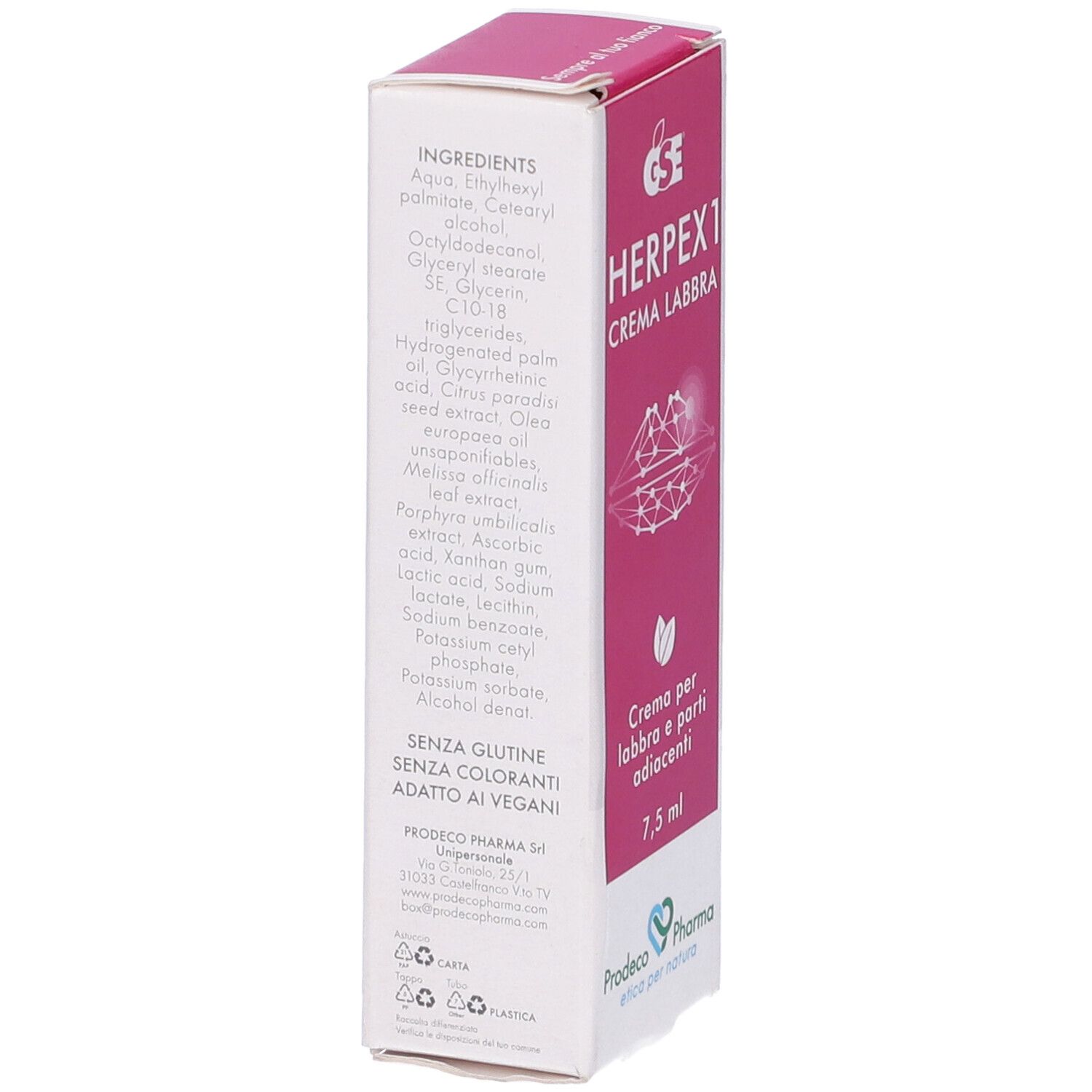 GSE Herpex 1 Crema Labbra, 7,5 ml. Vista laterale della scatola con ingredienti e logo.