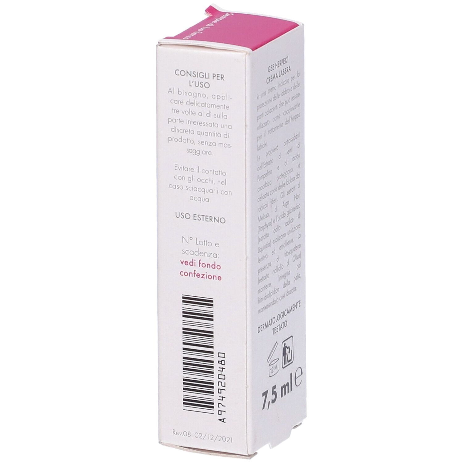 GSE Herpex 1 Crema Labbra, 7,5 ml. Vista laterale della scatola con istruzioni e logo.