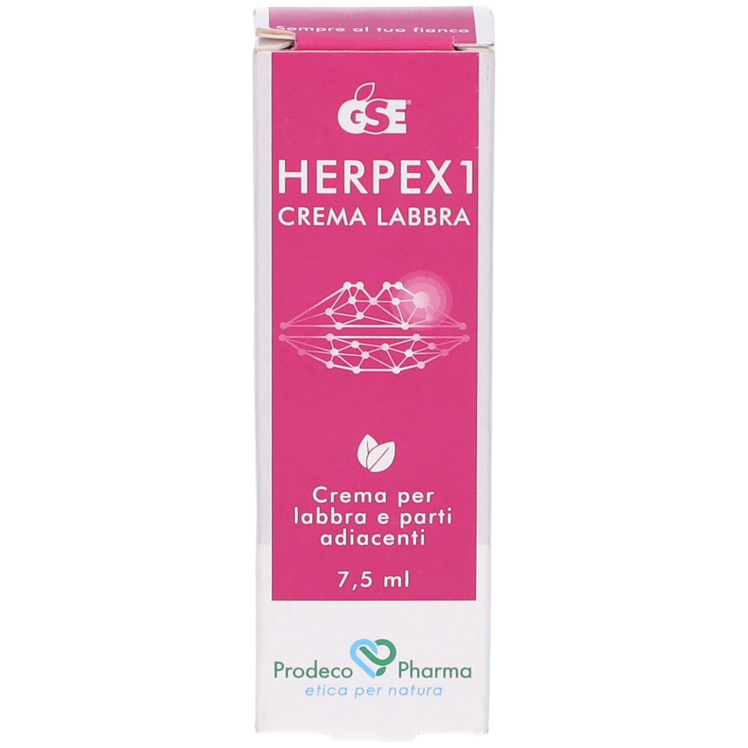 GSE Herpex 1 Crema Labbra, 7,5 ml. Scatola rosa e bianca con informazioni e logo.