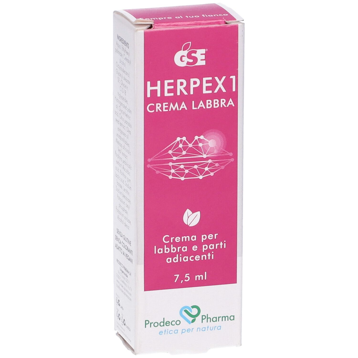 GSE Herpex 1 Crema Labbra, 7,5 ml. Scatola rosa e bianca con informazioni e logo.