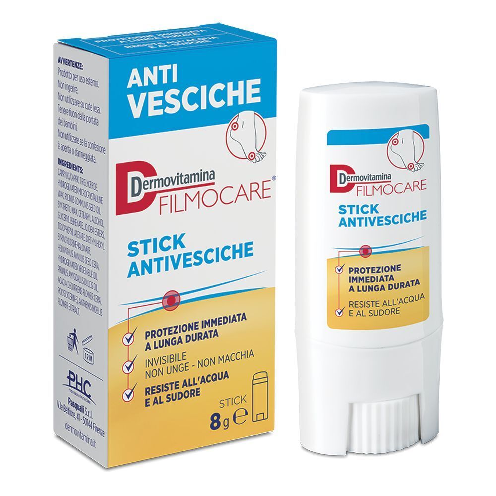 Stick Dermovitamina Filmocare® Antivesciche bianco e confezione. Scritta: Anti-vesciche, protezione immediata e duratura.