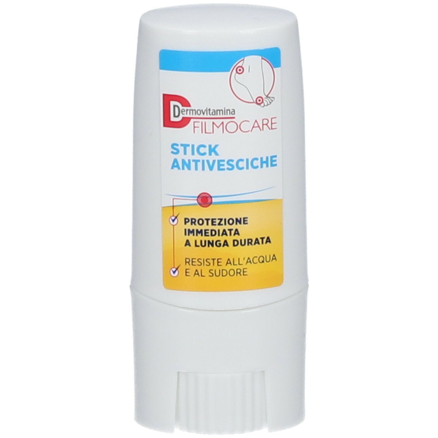 Stick Dermovitamina Filmocare® Antivesciche bianco. Scritta: Anti-vesciche, protezione immediata e duratura, resistente all'acqua e al sudore.