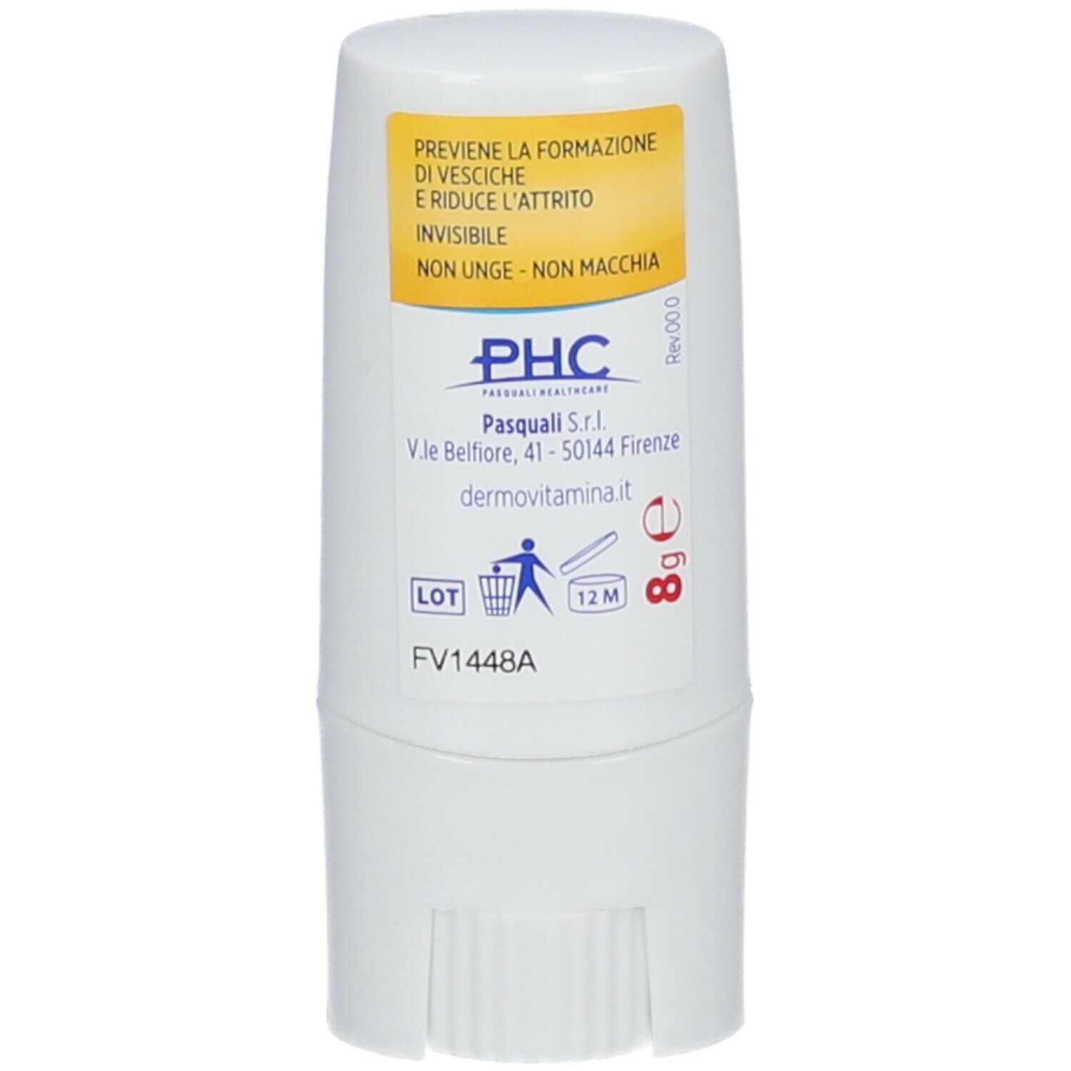 Stick Dermovitamina Filmocare® Antivesciche bianco. Retro con informazioni. Logo PHC, simbolo 12M, 8g.