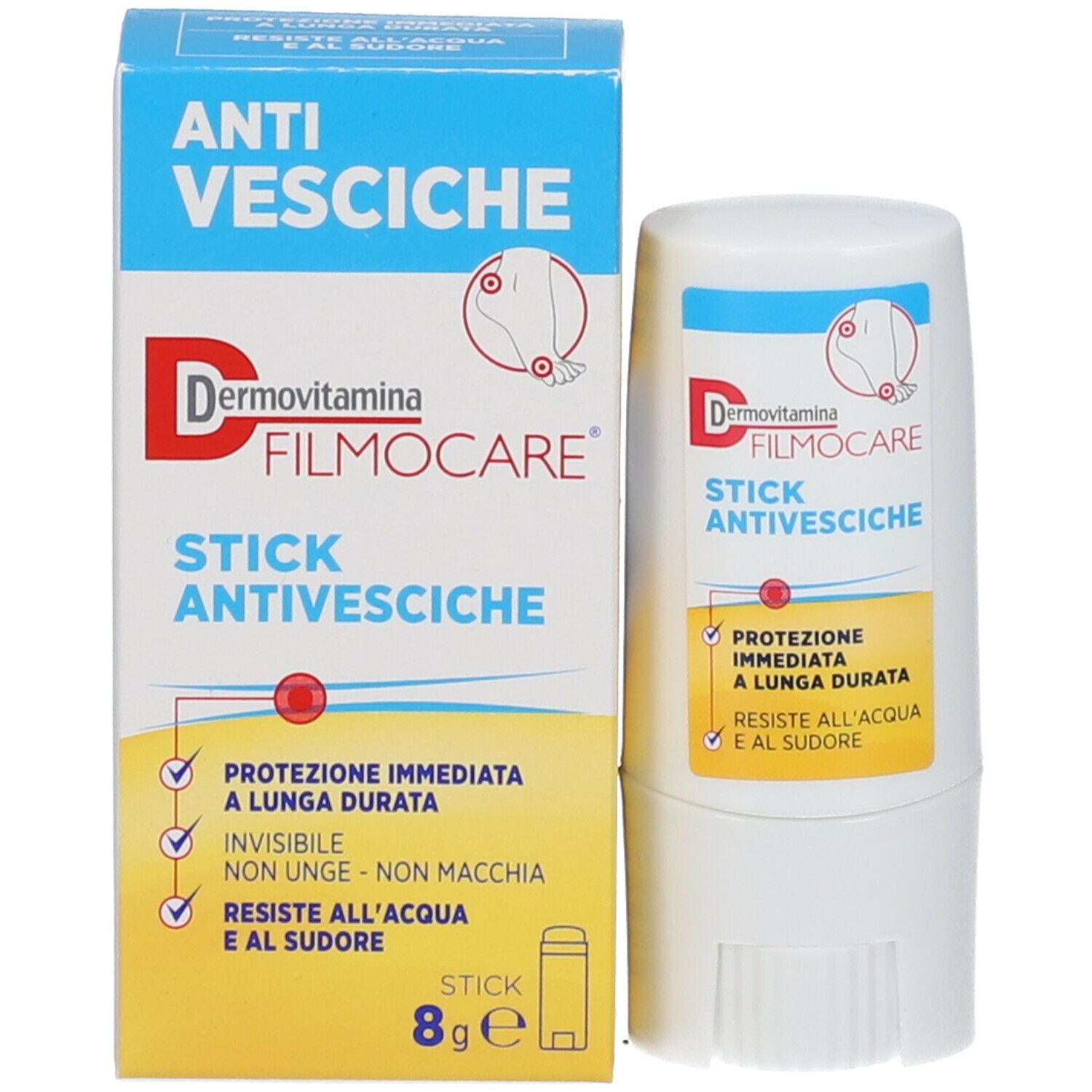 Stick Dermovitamina Filmocare® Antivesciche bianco e confezione. Scritta: Anti-vesciche, protezione immediata e duratura.