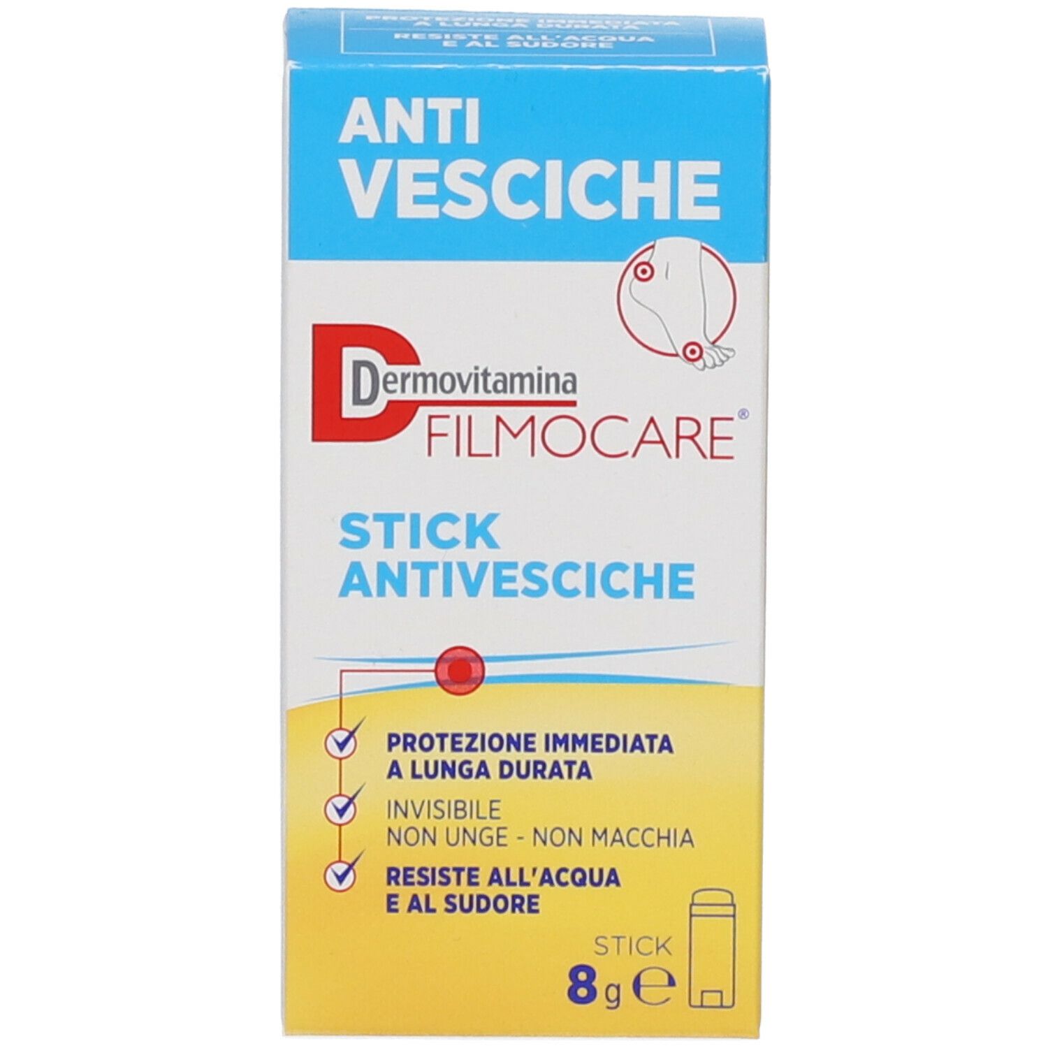 Confezione Dermovitamina Filmocare® blu. Scritta: Anti-vesciche, protezione immediata e duratura, non unge, resistente all'acqua.