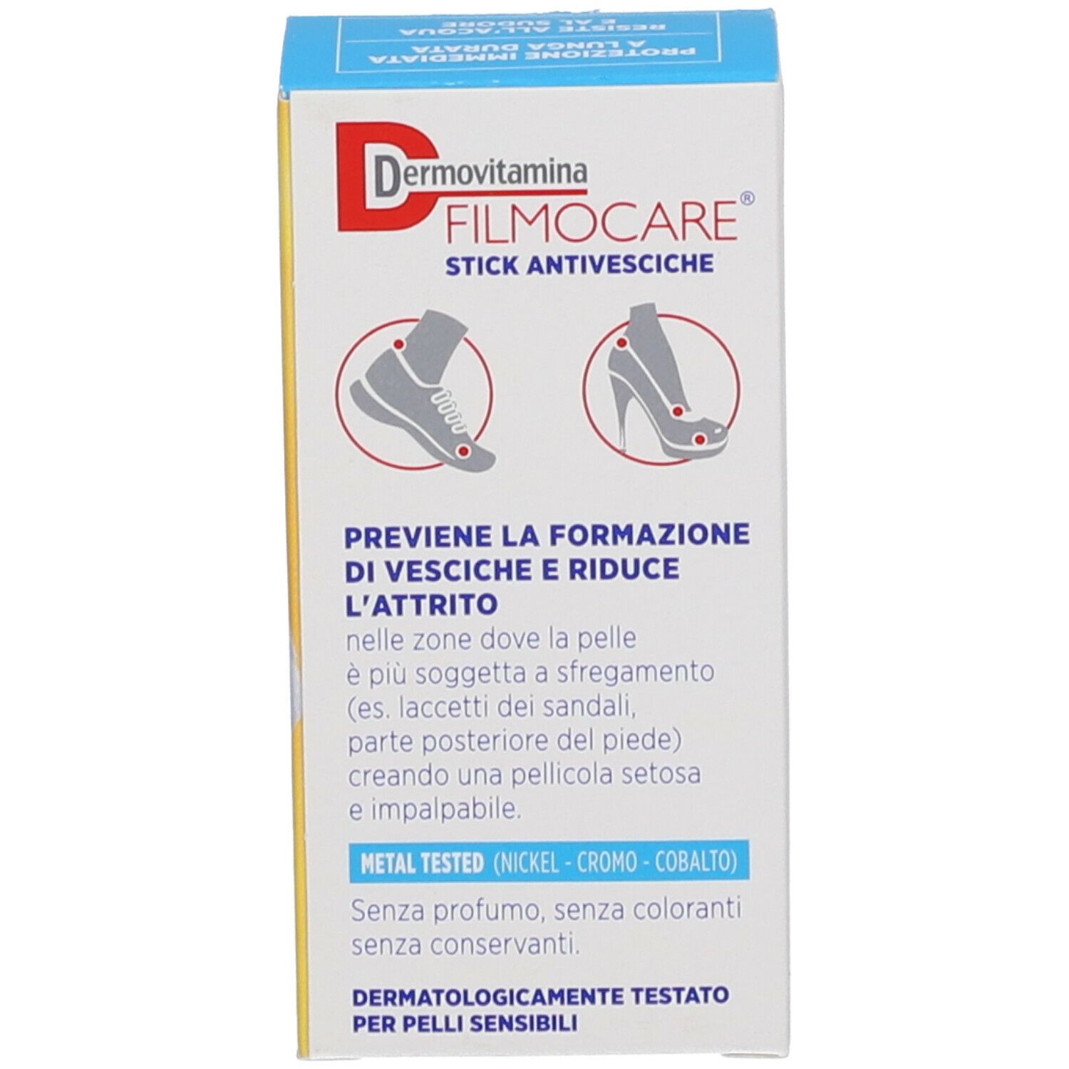 Confezione Dermovitamina Filmocare®. Scritta: Previene la formazione di vesciche, riduce l'attrito. Dermatologicamente testato.