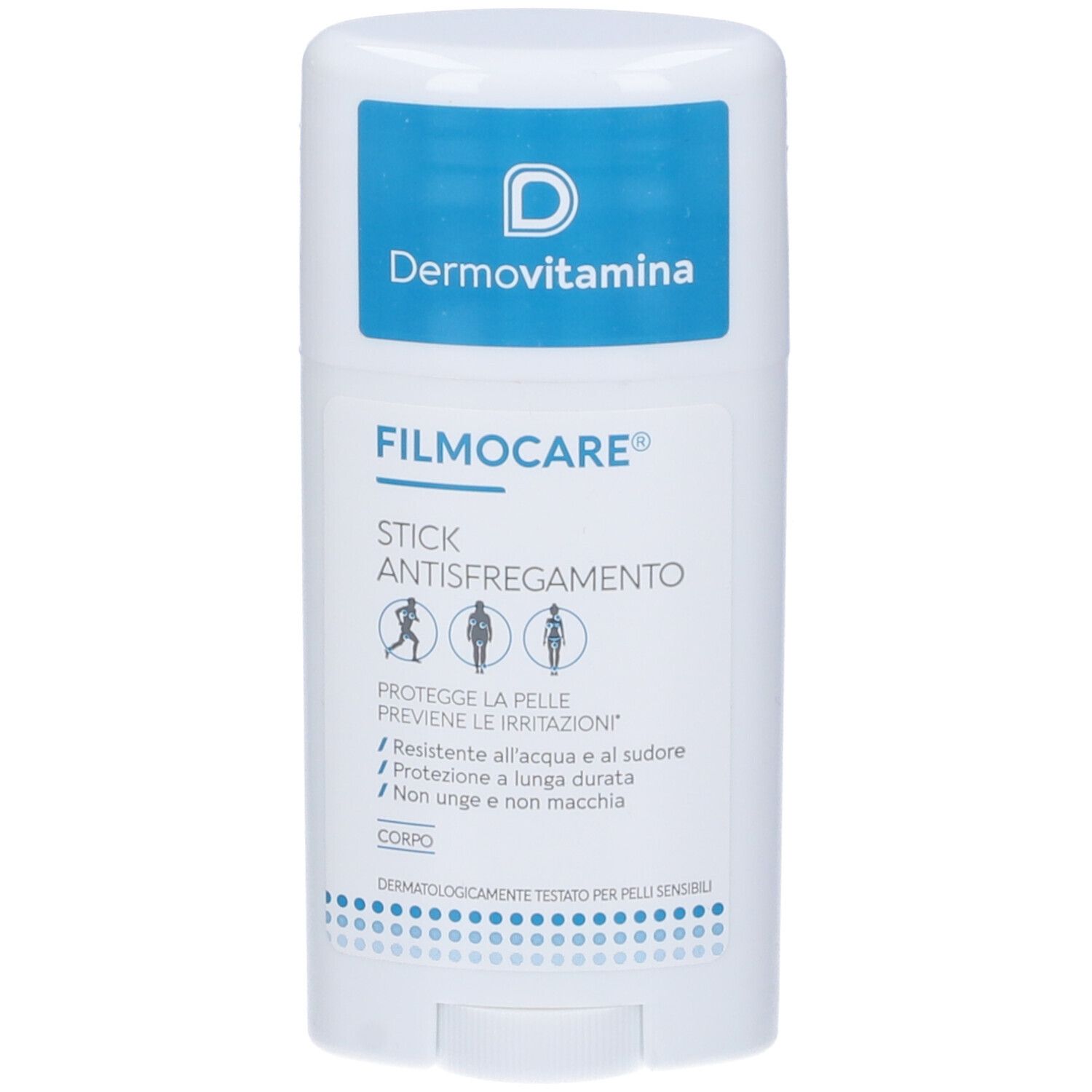 Stick bianco. Scritta Dermovitamina Filmocare Stick Antisfregamento. Illustrazioni di persone.