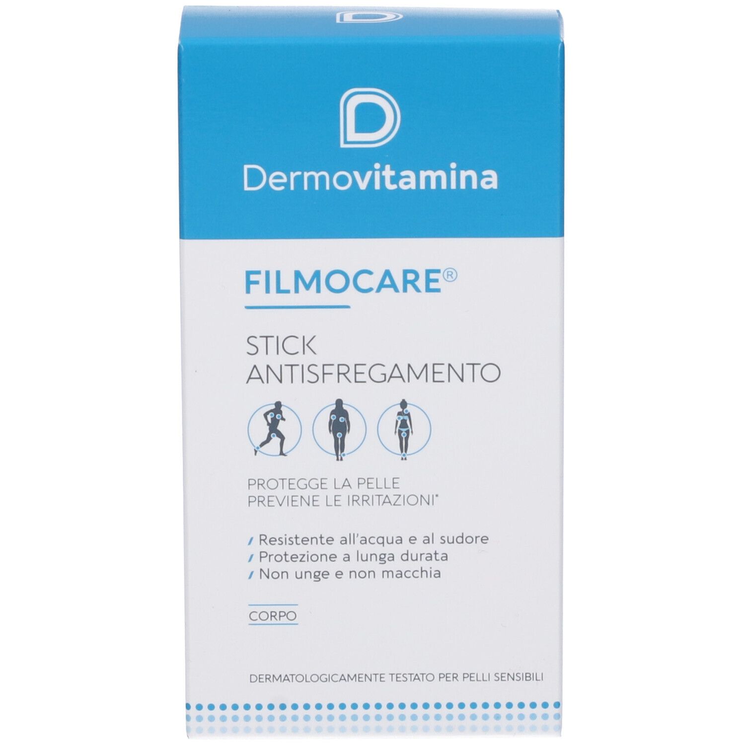 Confezione. Scritta Dermovitamina Filmocare Stick Antisfregamento. Illustrazioni di persone.
