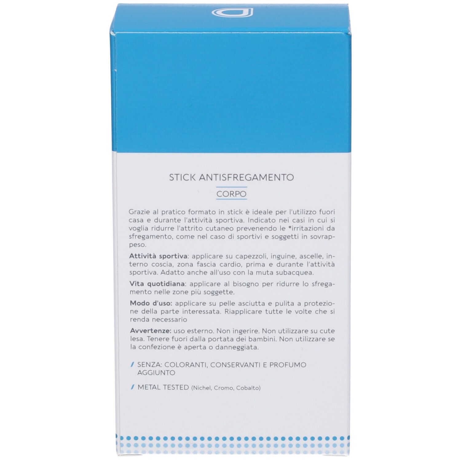 Retro della confezione. Informazioni testuali, tra cui istruzioni per l'uso e ingredienti.