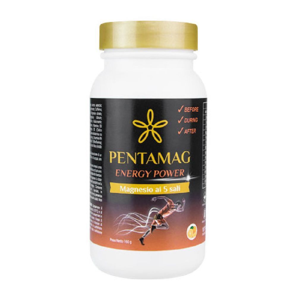 Flacone bianco con tappo dorato. Scritta PENTAMAG ENERGY POWER, con un corridore. Testo: Magnesio al 5 sali.