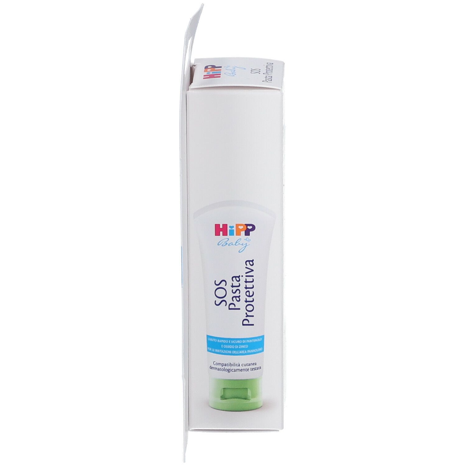 HiPP Baby SOS Pasta Protettiva Tube in Verpackung. Tube: weiß, grün. Verpackung: weiß, Text: SOS Pasta Protettiva, dermatologisch getestet.