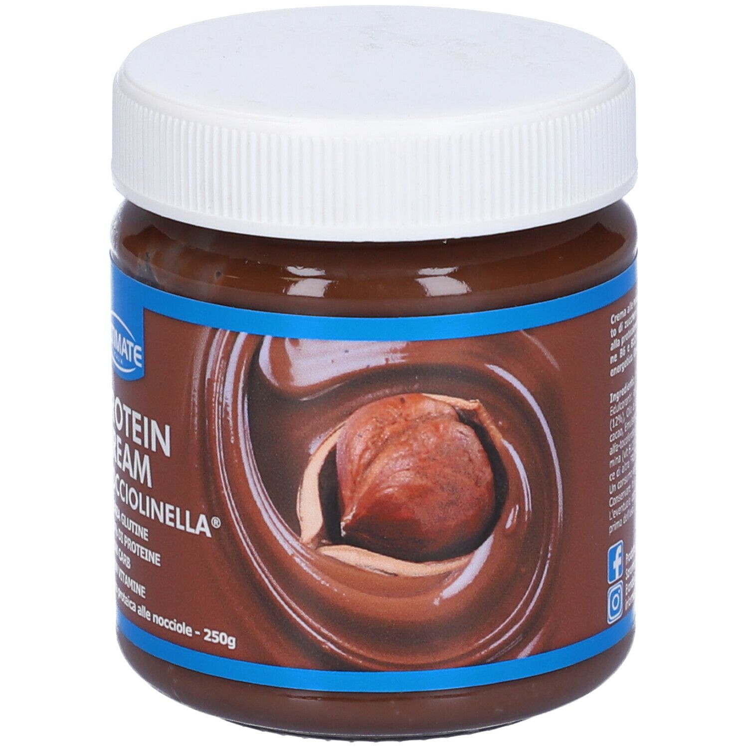 Vaso di crema proteica. Scritta: Protein Cream Nocciolinella, 30% proteine, senza glutine, low carb, con vitamine. Nocciola.
