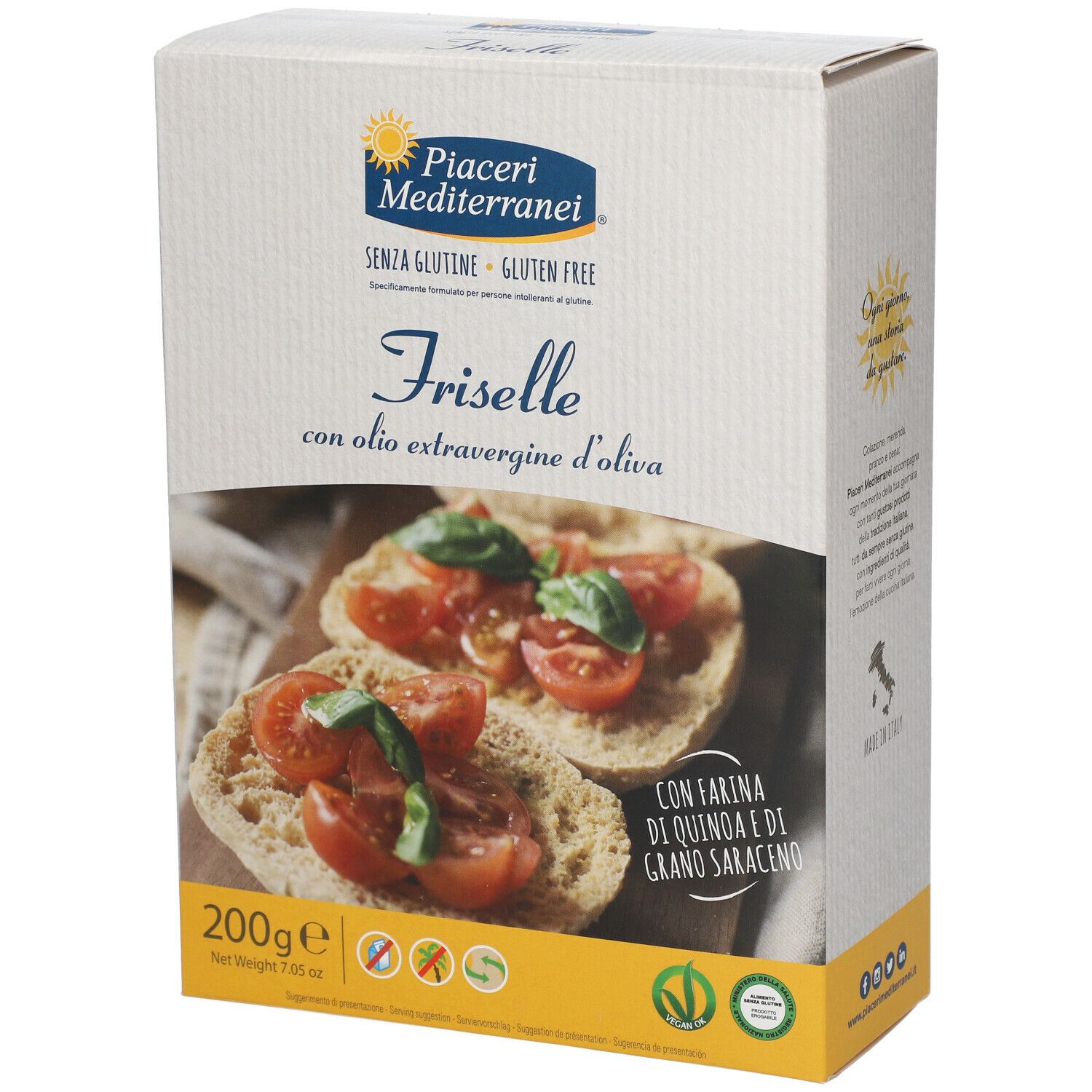 Confezione di Friselle senza glutine con olio d'oliva. Marchio Piaceri Mediterranei.