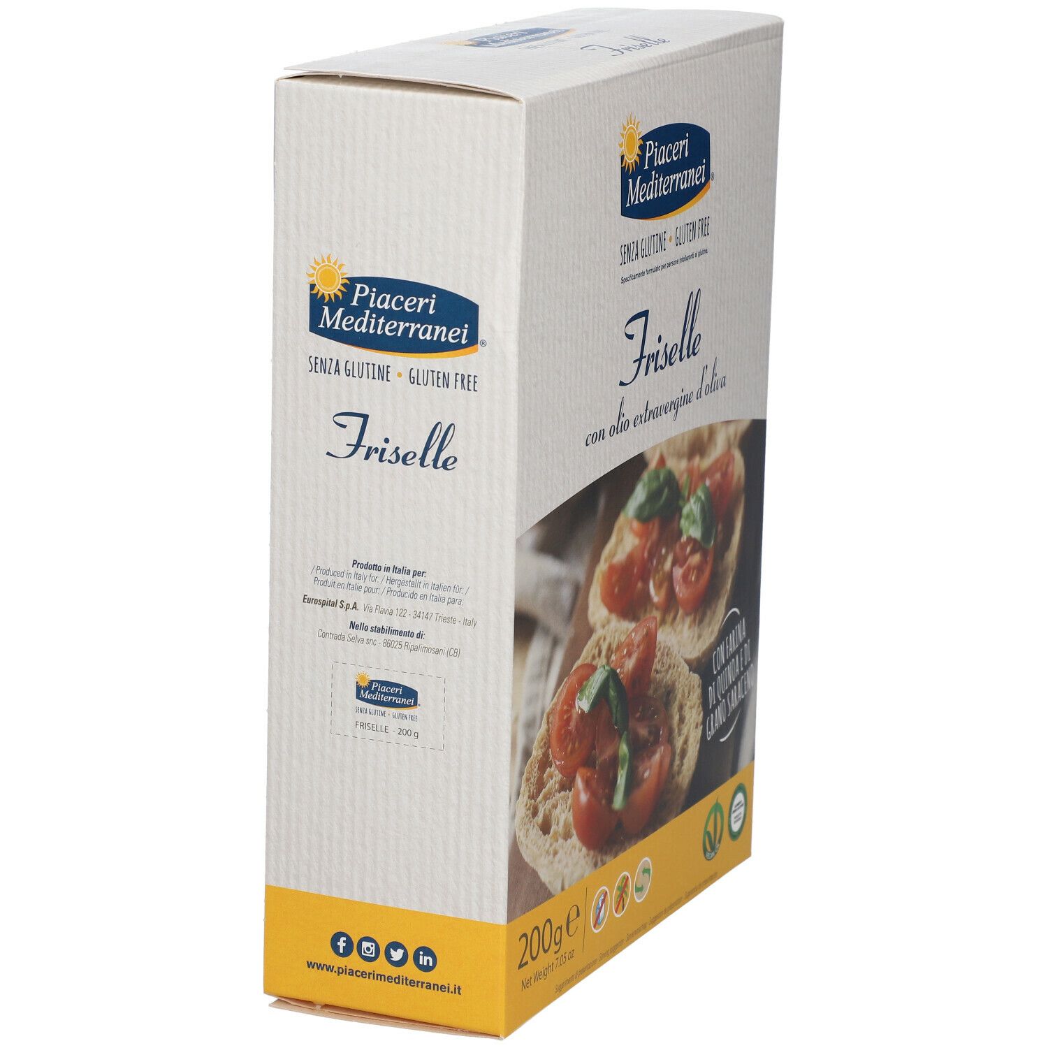 Confezione di Friselle senza glutine con olio d'oliva, vista laterale. Marchio Piaceri Mediterranei.