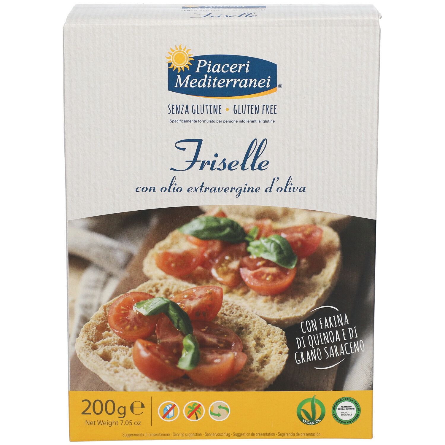 Confezione di Friselle senza glutine con olio d'oliva. Marchio Piaceri Mediterranei. 200g.