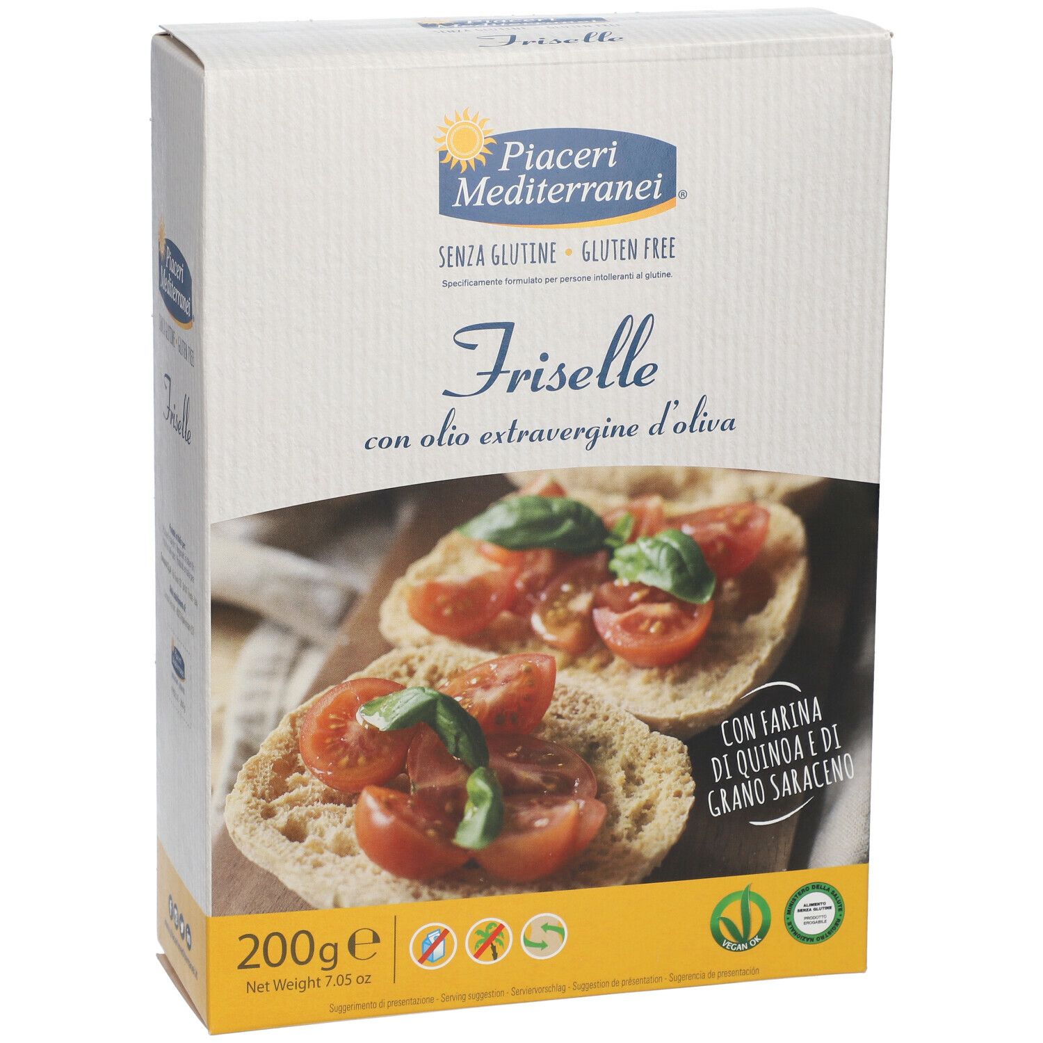Confezione di Friselle senza glutine con olio d'oliva. Marchio Piaceri Mediterranei. 200g.
