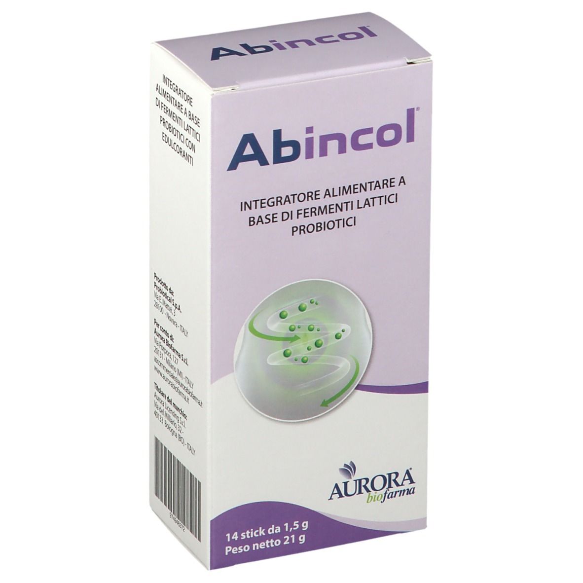 Confezione Abincol®, bianca e viola, con nome e logo. Contiene 14 stick, 21 g. Logo Aurora Biofarma.