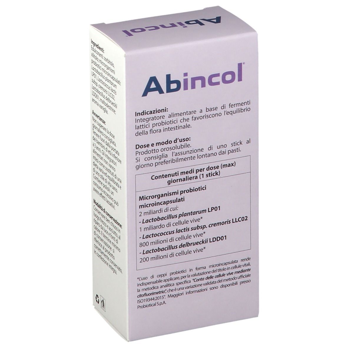 Lato confezione Abincol®, con istruzioni per l'uso e dosaggio. Testo in italiano.
