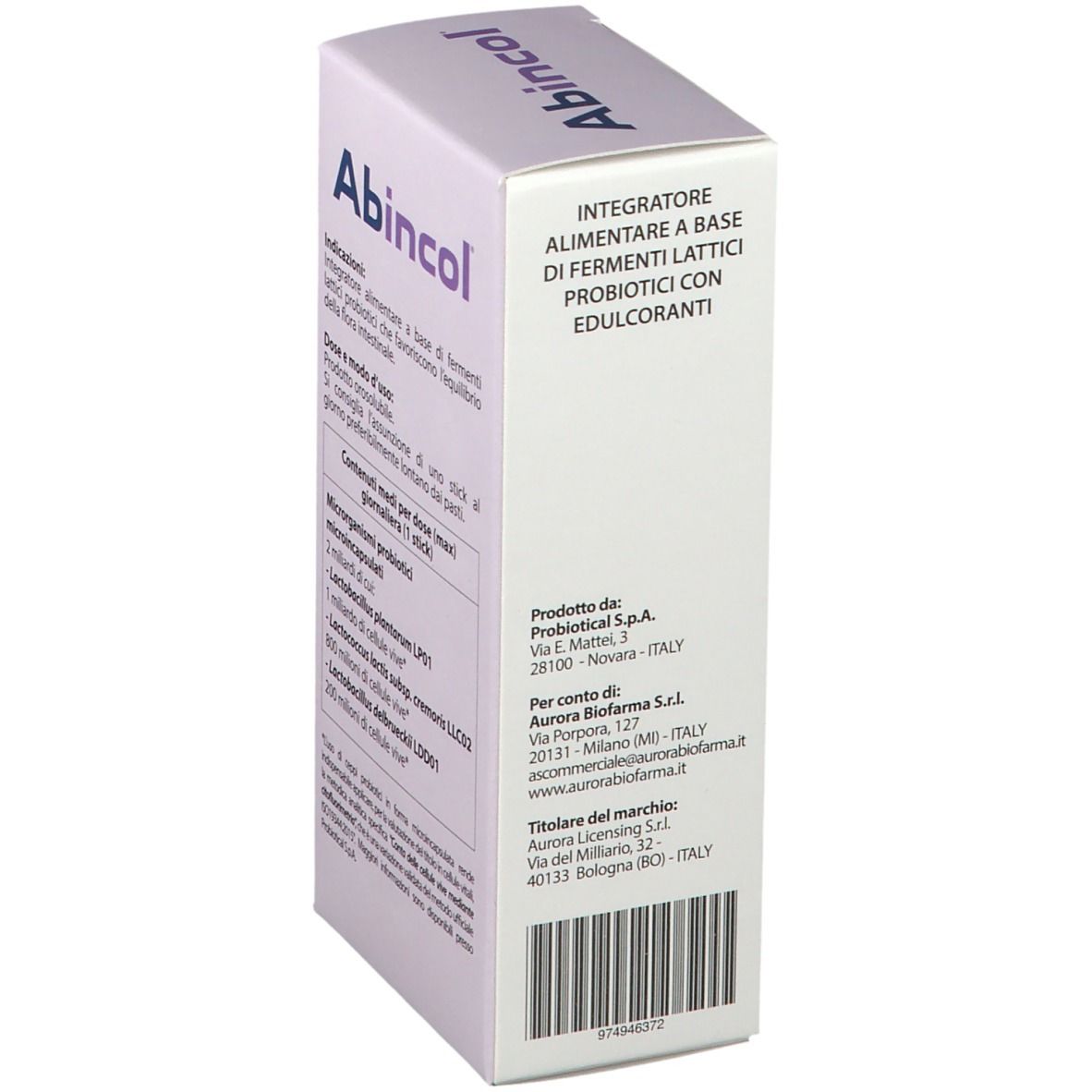Lato confezione Abincol®, con informazioni produttore e codice a barre. Testo in italiano.