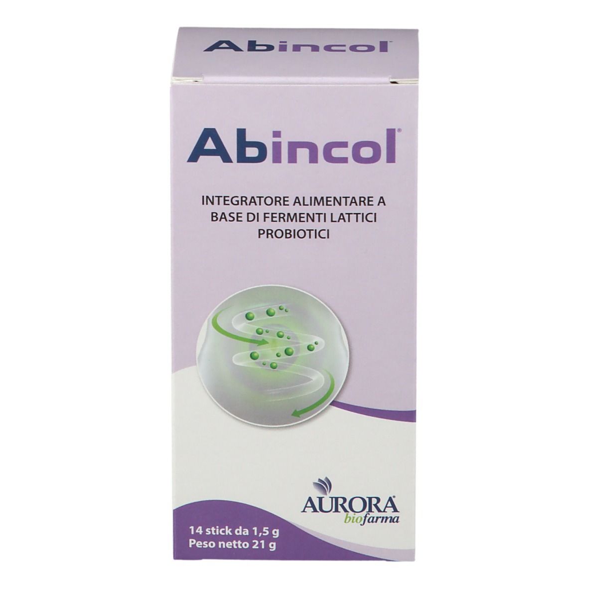 Confezione Abincol®, fronte con nome e logo. 14 stick, 21 g. Logo Aurora Biofarma.