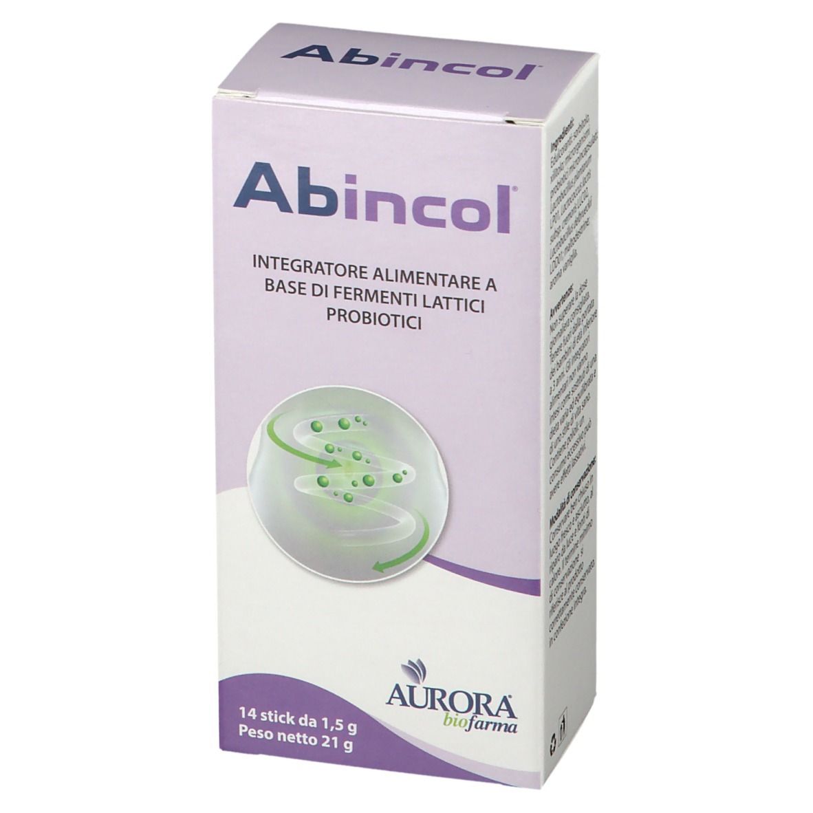 Confezione Abincol®, fronte con nome e logo. 14 stick, 21 g. Logo Aurora Biofarma.